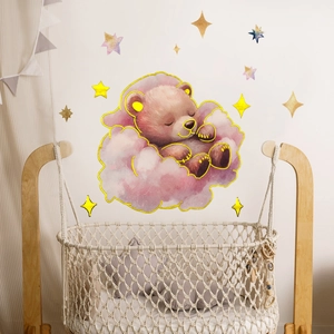 Watercolor sleeping bear on clouds wall sticker with colorful stars for nursery decor