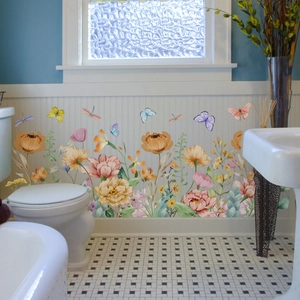 Watercolor floral wall stickers with butterflies and dragonflies for home decor