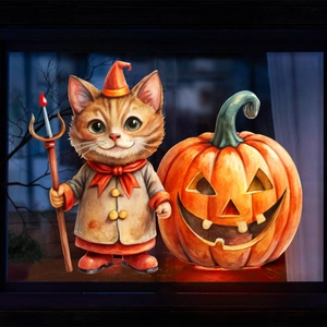 Halloween Fensterbilder mit süßer Katze in Zauberrobe und leuchtender Kürbis Laterne