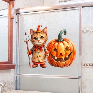Halloween-Fensteraufkleber mit niedlicher Katze und Kürbis auf einer Glasoberfläche