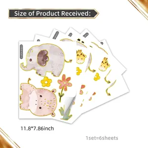 Detailed sheet view of six cartoon animal wall stickers with size and quantity labels