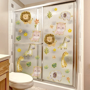 Cartoon animal watercolor wall stickers with lion and giraffe on frosted glass door