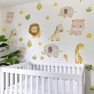 Nursery wall stickers with cartoon animals and flowers in a cozy bedroom setting
