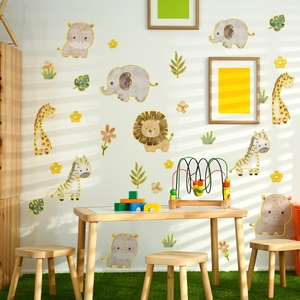 Watercolor safari animal wall decals featuring giraffe and elephant for kids room decor