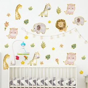 Nursery wall stickers featuring watercolor cartoon animals like giraffe and zebra on white wall