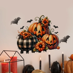 Αυτοκόλλητα τοίχου Halloween με καρό κολοκύθες, ηλιοτρόπια και νυχτερίδες διακόσμηση