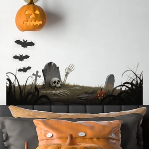 Halloween wall sticker set featuring graveyard scene, black bats, and 3D pumpkin decor