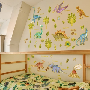 Golden outline dinosaur wall decals with colorful Tyrannosaurus and palm trees for kids rooms