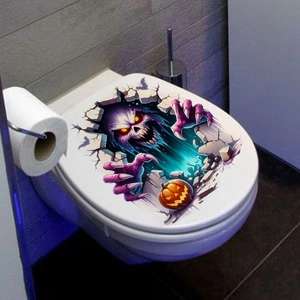 3D αυτοκόλλητο καπακιού λεκάνης Halloween με μωβ τέρας και φωτεινή λεπτομέρεια κολοκύθας