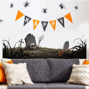 Halloween wall sticker set with cemetery scene, skeletons and pumpkin on a white living room wall