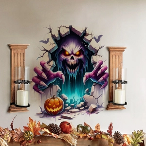 3D αυτοκόλλητο τοίχου Halloween με μπλε τέρας και κολοκύθα σε γκρι φόντο τοίχου