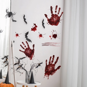 Halloween wall stickers with blood handprints and black 3D bats for spooky home decor
