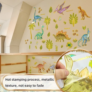 Detail of dinosaur wall stickers with golden metallic outlines for kids room decor