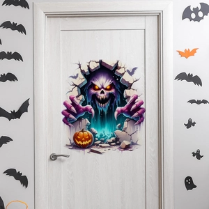Λεπτομερές 3D αυτοκόλλητο πόρτας Halloween με φωτεινό γκουλ και κολοκύθα για τρομακτική διακόσμηση