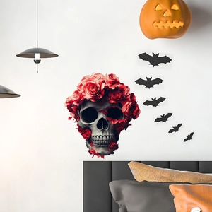 Λεπτομέρεια από αυτοκόλλητα τοίχου Halloween με κρανίο και νυχτερίδες στο υπνοδωμάτιο