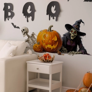 Halloween wall stickers featuring pumpkins, skulls, and bats in a modern living room