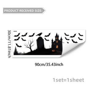 Size details of 30x90cm Halloween wall sticker showing castle and bat silhouette designs