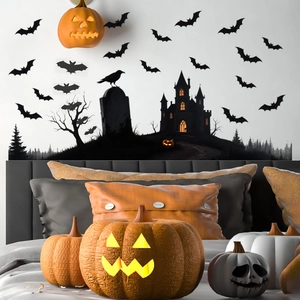 Bedroom scene with Halloween wall stickers and glowing pumpkin lights decoration