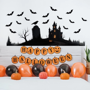 Halloween room decoration set with spooky black wall stickers and orange pumpkin balloons