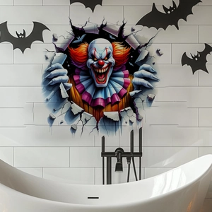 3D αυτοκόλλητο τοίχου Halloween με κλόουν που σπάει τον τοίχο και νυχτερίδες
