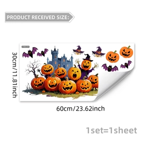 Halloween wall sticker set with pumpkins, bats, and castle showing 30x60cm dimensions