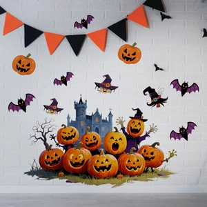 Detail of Halloween wall stickers showing cartoon pumpkins, wizard hats and a castle on white wall