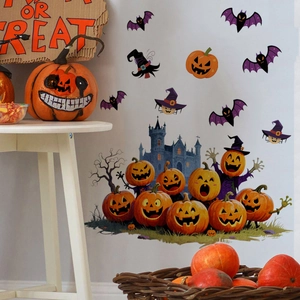 Halloween wall stickers featuring cartoon pumpkins, bats, and a castle in home decor