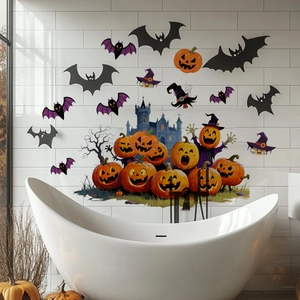 Halloween wall stickers set with pumpkins bats and ghost castle on white tile bathroom wall