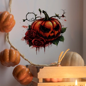 Λεπτομερής όψη αυτοκόλλητου τοίχου Halloween με κολοκύθα και τριαντάφυλλα σε λευκό τοίχο