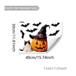 Halloween wall stickers featuring tuxedo cat, pumpkin lantern and black bats on white background