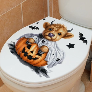 Αυτοκόλλητο τουαλέτας Halloween με αγελάδα φάντασμα σε κολοκύθα και μαύρες νυχτερίδες