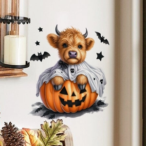 Αυτοκόλλητο τοίχου Halloween με αγελάδα Highland σε κολοκύθα και νυχτερίδες