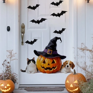 Halloween wall sticker set featuring pumpkin with wizard hat, cats, dogs and black bats