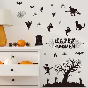 Halloween wall decals set with black silhouettes of bats, ghosts and happy halloween text