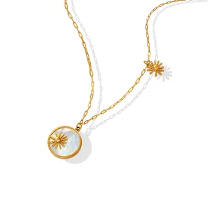 Round Shell Pendant Necklace Stainless Steel 18K Gold Plated Embossed Daisy Flower For Women Elegant Jewelry
