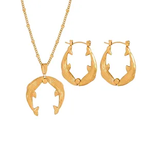 Double Fish Pendant Necklace And Earrings Titanium Steel Gold Plated Minimalist Koi Ruyi Textured Jewelry For Women