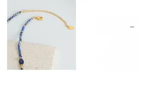 Detailed view of bohemian blue natural stone beaded necklace with gold lobster clasp