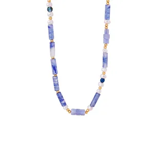 Collier De Perles En Pierre Dentelle Bleue Naturelle Avec Perle D'eau Douce Et Acier Au Titane Plaqué Or 18K Bijoux Boho Élégants Pour Femmes