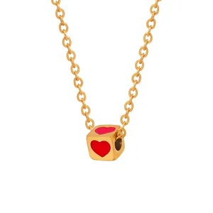 Red Heart Cube Pendant Necklace Titanium Steel 18K Gold Plated Enamel Minimalist Niche Jewelry For Women