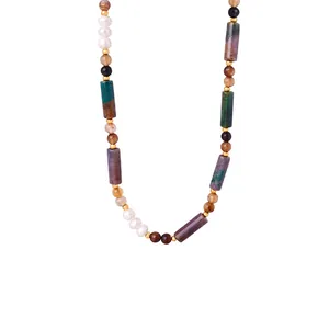 Collier Perles Fait Main Pierre Naturelle Cristal Coloré Perle Eau Douce Acier Titane Bijoux Bohème Rétro Pour Femmes