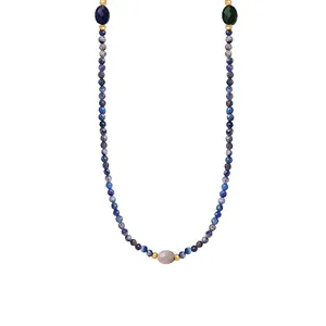 Natural Stone Beaded Necklace French Vintage Baroque Lapis Lazuli Labradorite Titanium Steel Handmade Jewelry For Women
