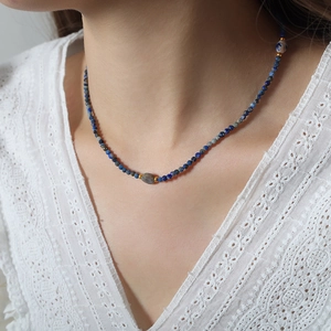 Bohemian faceted natural blue stone beaded necklace with titanium steel gold spacer beads