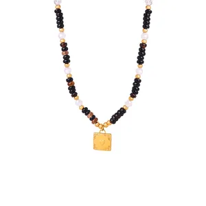 Handmade Beaded Necklace Natural Black Agate Tiger Eye Stone Titanium Steel Heart Pendant Bohemian Women