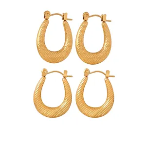 Geometric U Shaped Hoop Earrings Titanium Steel Striped Textured Individual Retro Lightweight Luxury Style For Women