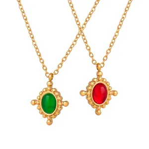 Collier Pendentif Agate Ovale Vintage Acier Titane Plaqué Or 18K Bijoux Style Français Pour Femmes Élégant Tempérament