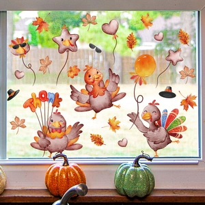 Thanksgiving window clings set featuring cartoon turkeys and autumn maple leaves decor