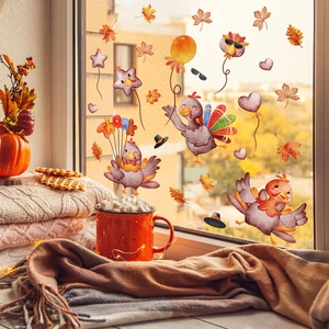 Thanksgiving turkey and maple leaf static window clings for cozy autumn home decoration