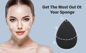Guide for black makeup sponge showing precise facial application for flawless blending