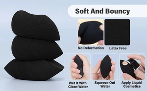 Detail of latex-free black makeup sponges showing elastic texture and water expansion