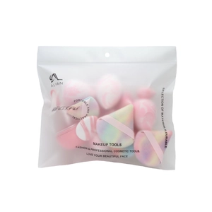 Makeup sponge set with various shapes and colors in portable frosted zipper bag